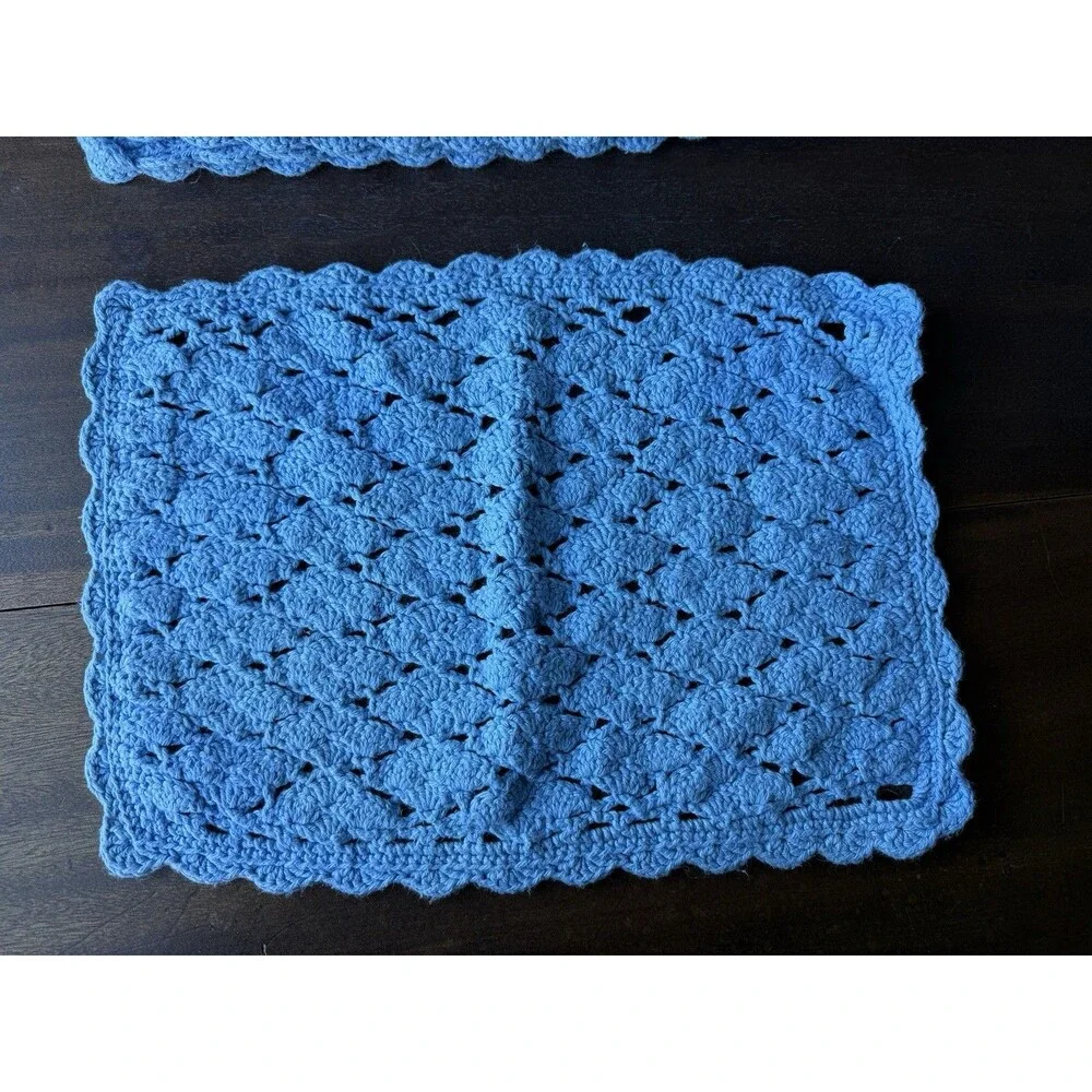 Set Of 8 Handmade Blue Crochet Placemats 17.5” X 11.5”